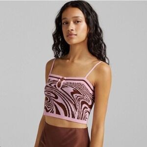 Bershka Crop Top Pink‎ Brown Swirl Knit Adjustable Straps Summer Tank Top Size L